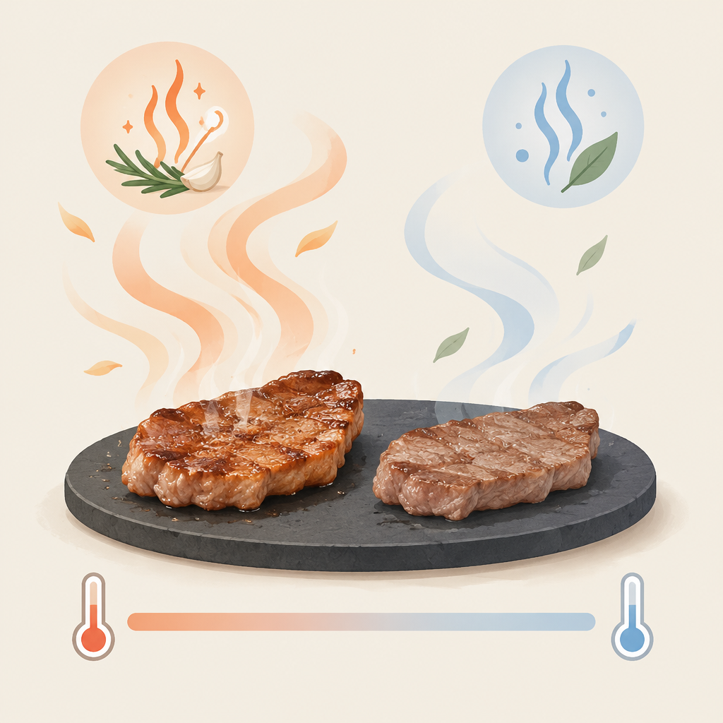 AI 생성 설명 이미지: 안산일동맛집 유니드정육식당 | 식힌 고기의 향과 맛, 익힘 상태는 어떻게 구분할까?